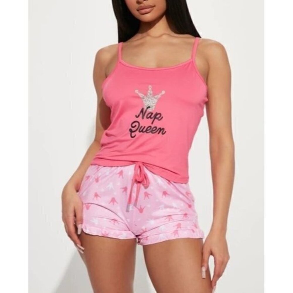 Spoiled Angel Sleepy Nap Queen Cropped Cami Ruffle Trim PJ Short Set Pink Large‎